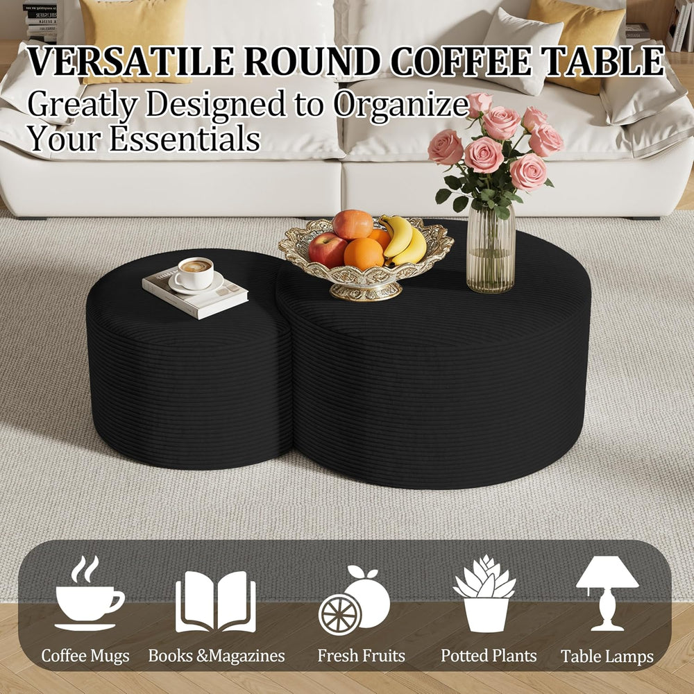 Round Nesting Coffee Table Set of 2,Upholstered Foam Ottoman Footrest Side Ta...