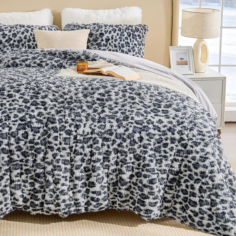EMME Faux Fur Comforter Sets King Size Grey Leopard Soft Fluffy Bedding