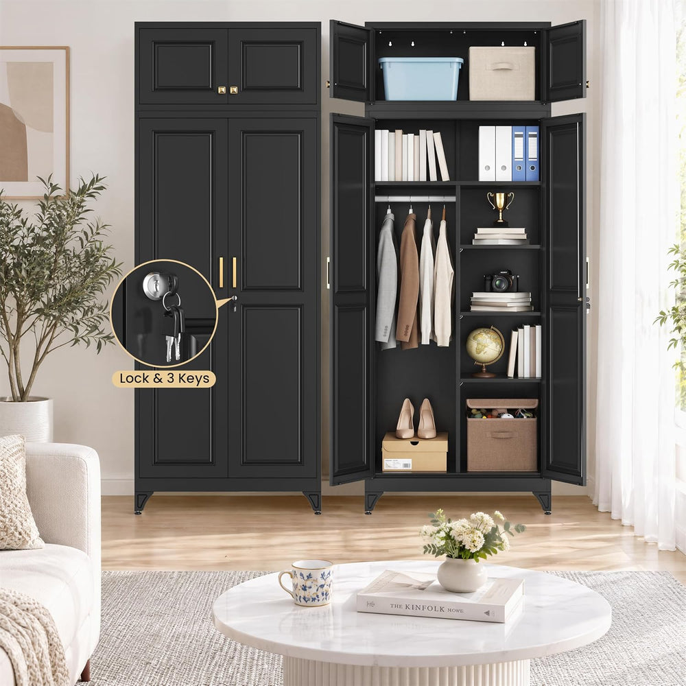 86" Metal Wardrobe Closet with Lock, Tall Armoire, Black