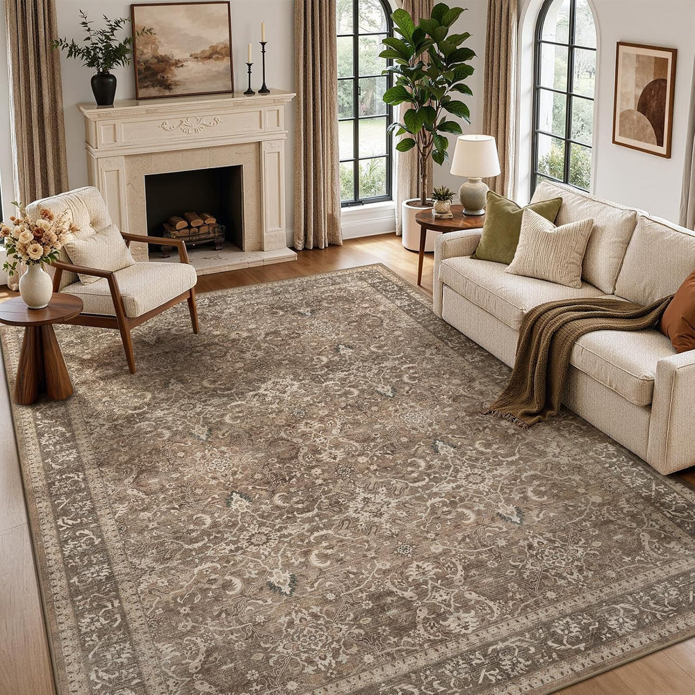 Washable Area Rug 8'x10' Living Room, Vintage Farmhouse, Light Brown