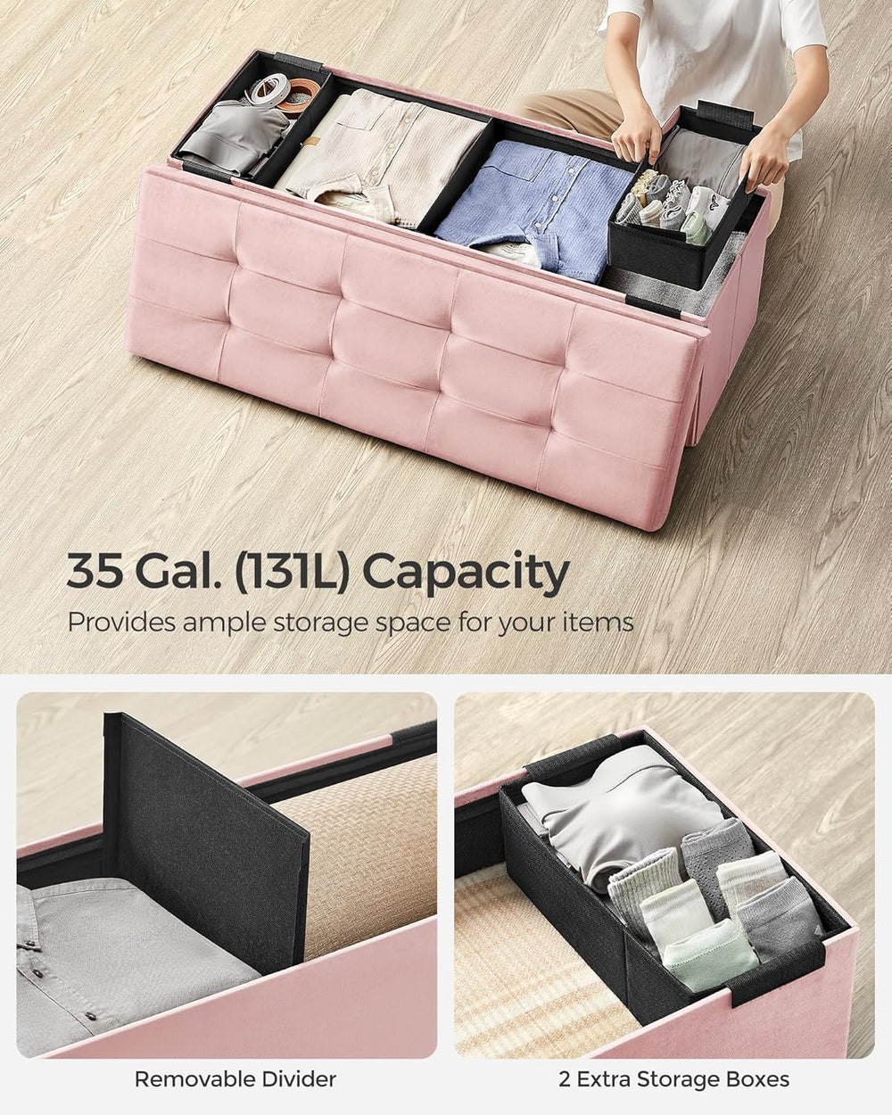 SONGMICS Storage Ottoman Bench, 43.3 Inches Velvet Foldable Foot Rest