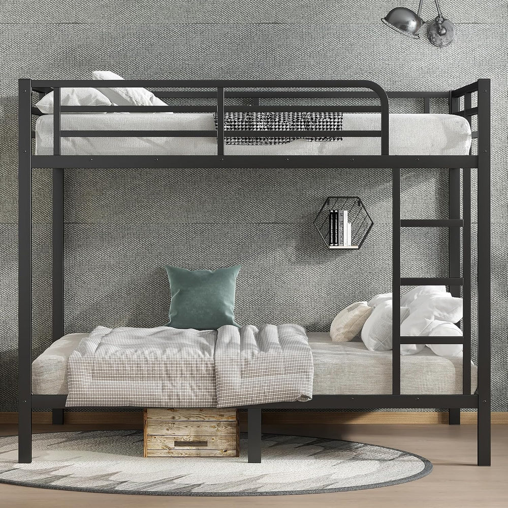 Full Over Full Bunk Bed with Guardrail and Ladder, Black