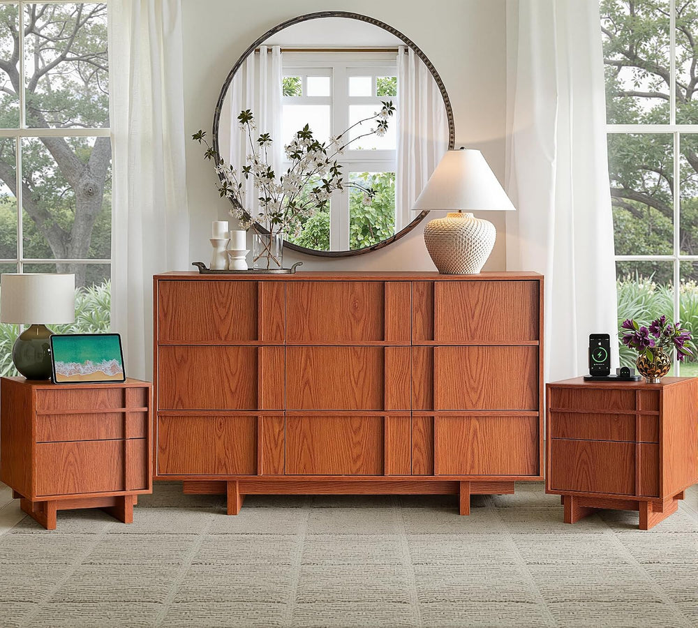 55" Wide 9 Drawer Dresser and Nightstand Set 3 Piece, Cherry
