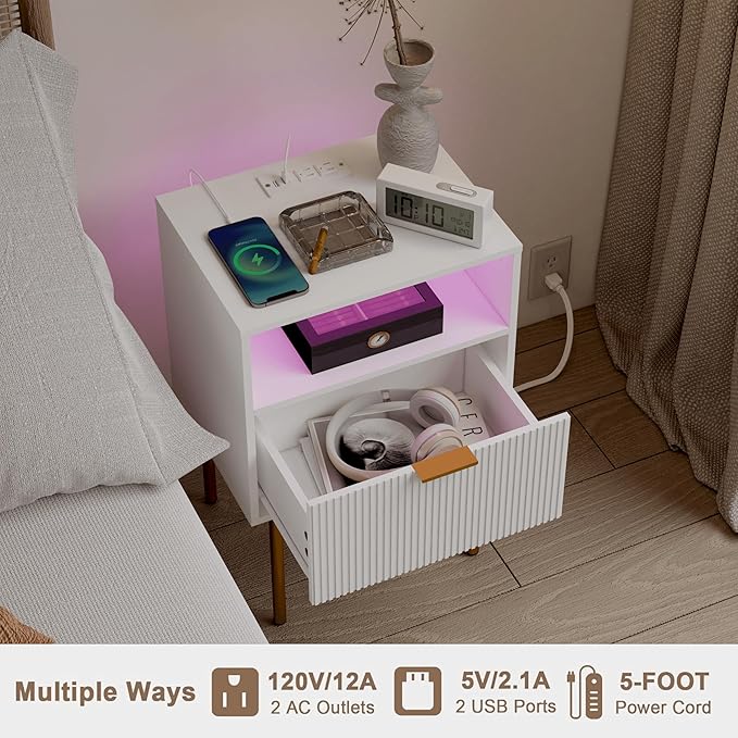 Modern Nightstand with Charging Station and LED Lights, White Bedside Table w...