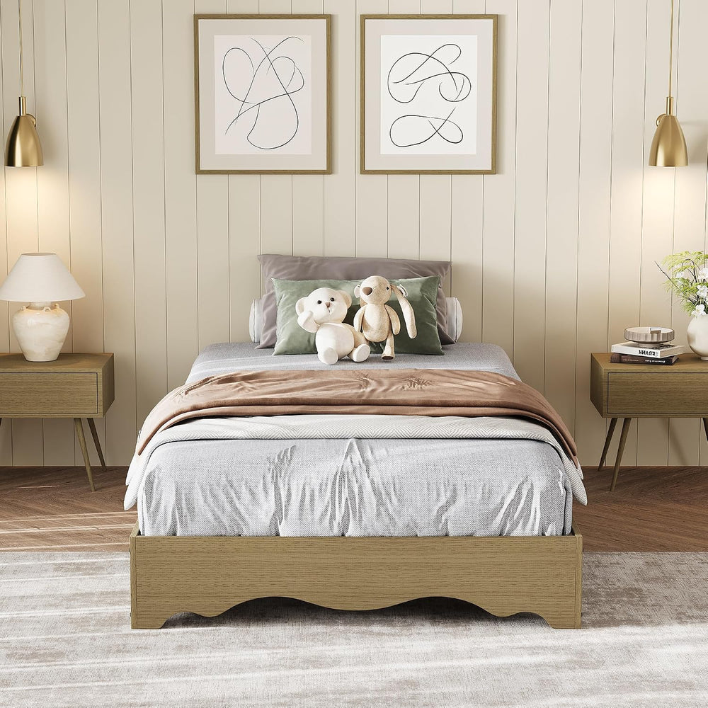 IDEALHOUSE Twin Size Wood Platform Bed Frame, Low Profile Bed with Wavy Wood ...