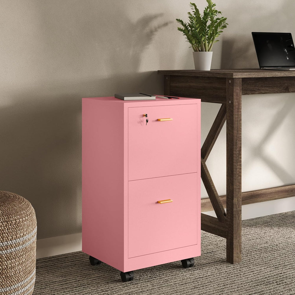 Lavish Home 2-Drawer Wooden File Cabinet with Lock, Pink, 16” x 27” | Rolling...