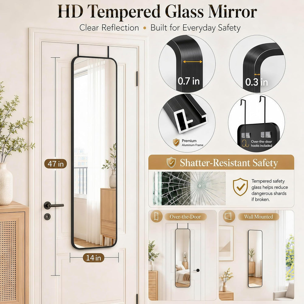 SCWF-GZ 47x14 Full Length Mirror Over the Door,Wall Mounted/Rope Hang Black