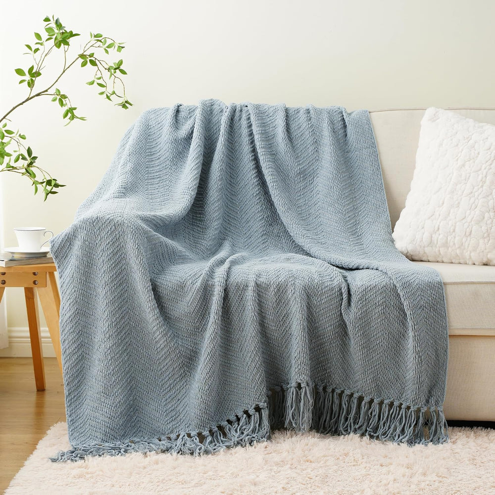 Battilo Blue Grey Throw Blanket for Couch, Knit Throw Blanket, 50"x60"
