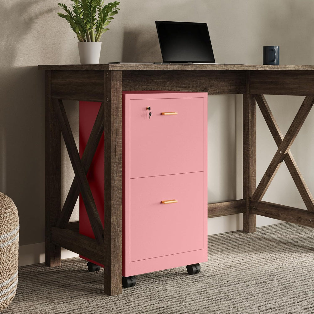 Lavish Home 2-Drawer Wooden File Cabinet with Lock, Pink, 16” x 27” | Rolling...