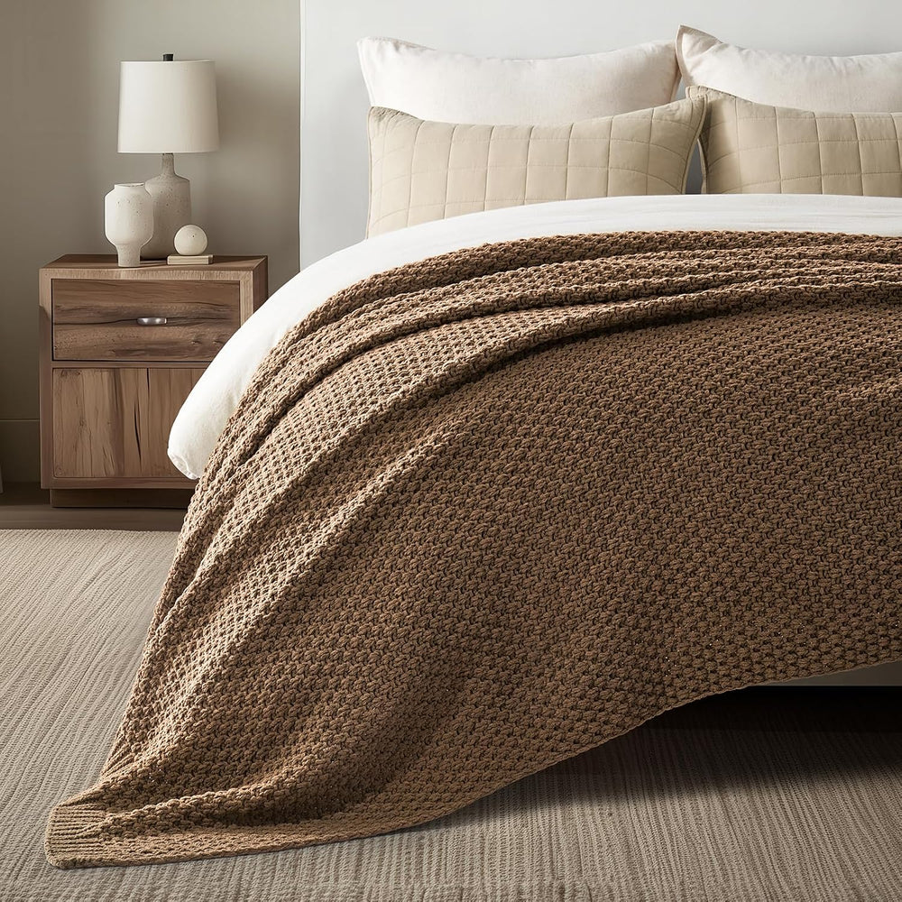 EVERGRACEHOME Chunky Chenille Knit Throw Blanket, 108x92, Camel Brown