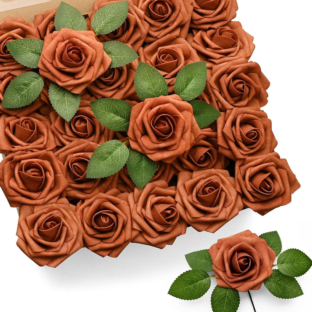Mocoosy 50Pcs Burnt Orange Roses Artificial Flowers, Rust Fake Rose for Decor...