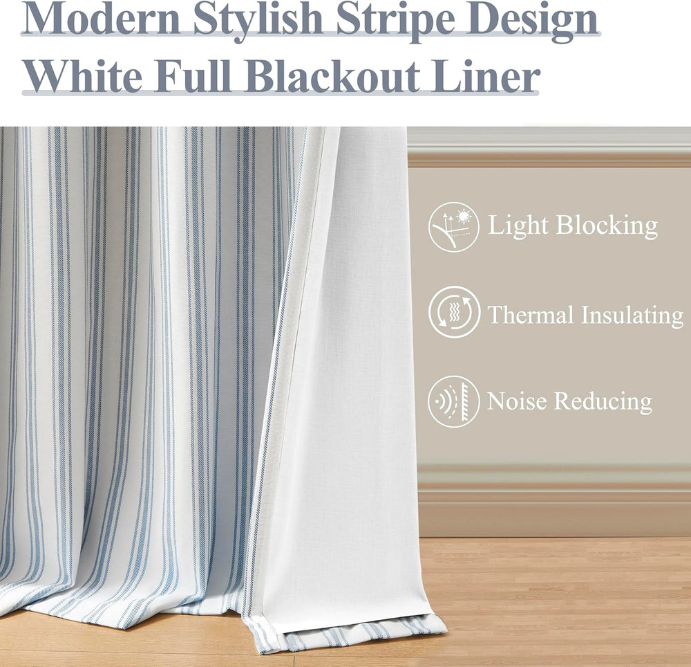 ZJDECOR 90 Inch Blue Striped Full Blackout Curtain Panels for Bedroom