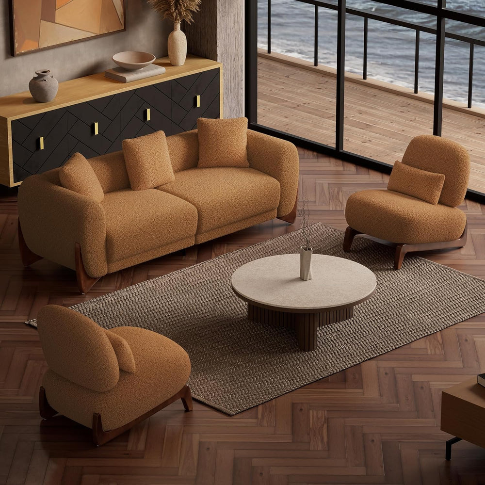Morden Fort Boucle Chair,Upholstered Accent Chair&Wood Leg,Toffee Orange