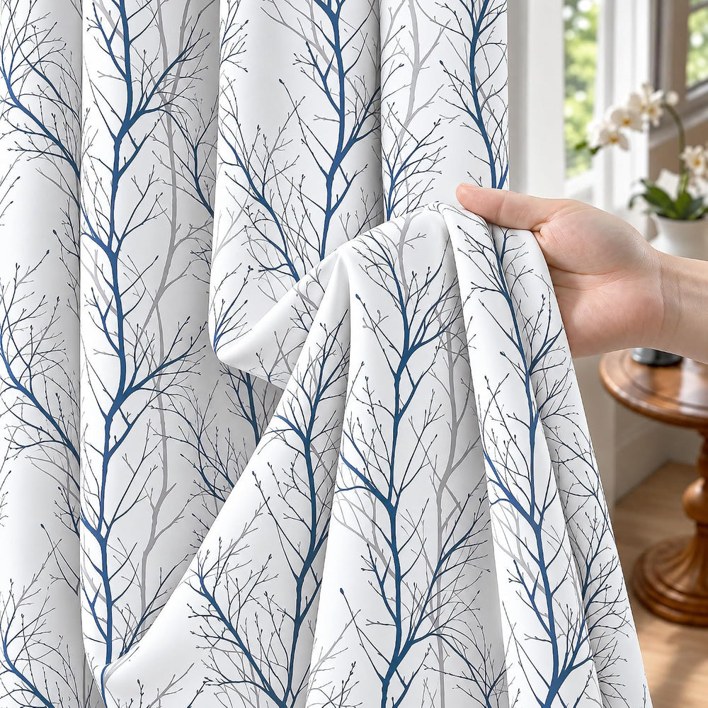 FMFUNCTEX 100% Blackout Blue Grey Tree Branch Curtains 54 Inch 2 Panels