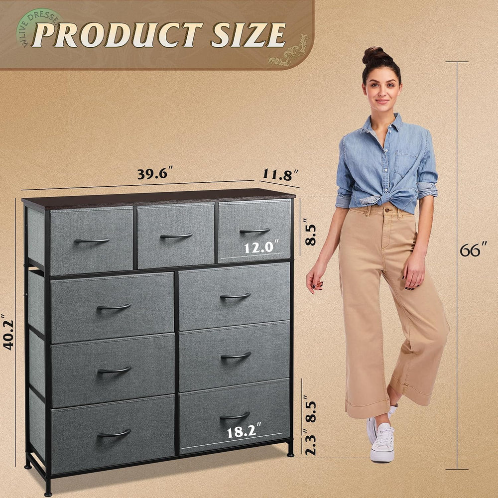 WLIVE Tall Dresser for Bedroom, 9 Drawer Chest of Drawers, Dark Grey