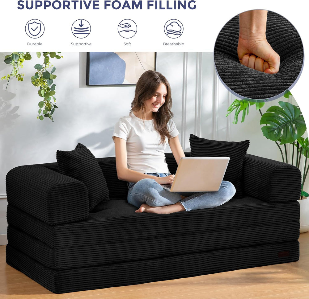 MAXYOYO 63" Convertible Sofa Bed, Boneless Futon Couch Floor Sofa, Black