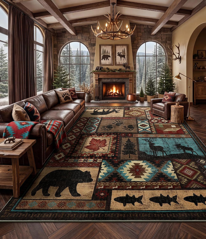 YIHOUSE 10x14 Rustic Cabin Area Rugs for Living Room, Brown