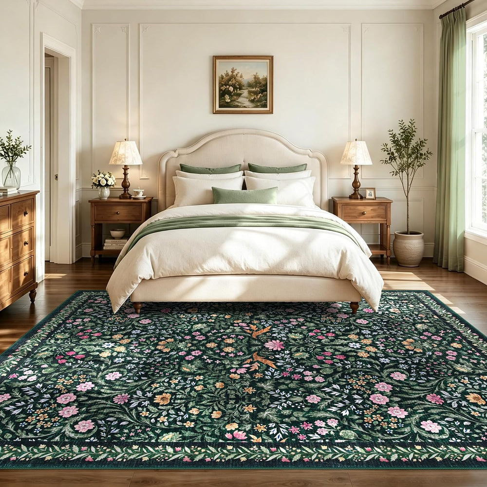 Tosuoka 6x9 Area Rugs Washable Floral Rug Boho Dark Green Carpet Farmhouse