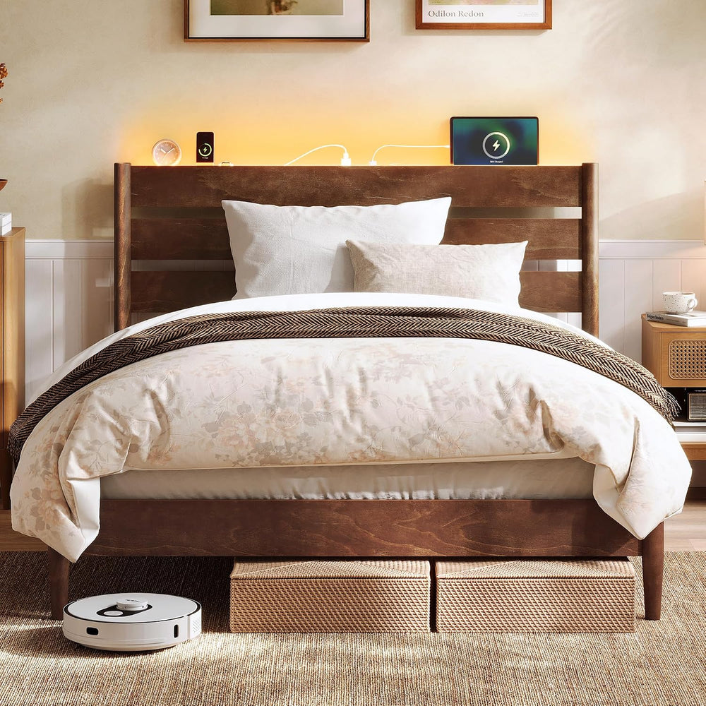 VASAGLE Full Bed Frame, Wood Platform Bed with Headboard Storage Shelf