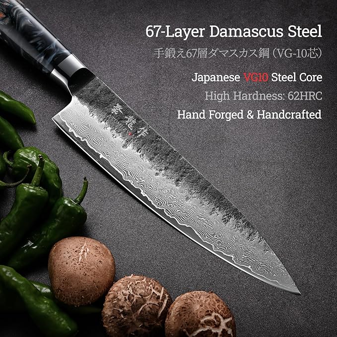 Japanese Chef Knife 8'', Hand Forged 67-Layer Damascus VG10 Core Kitc...