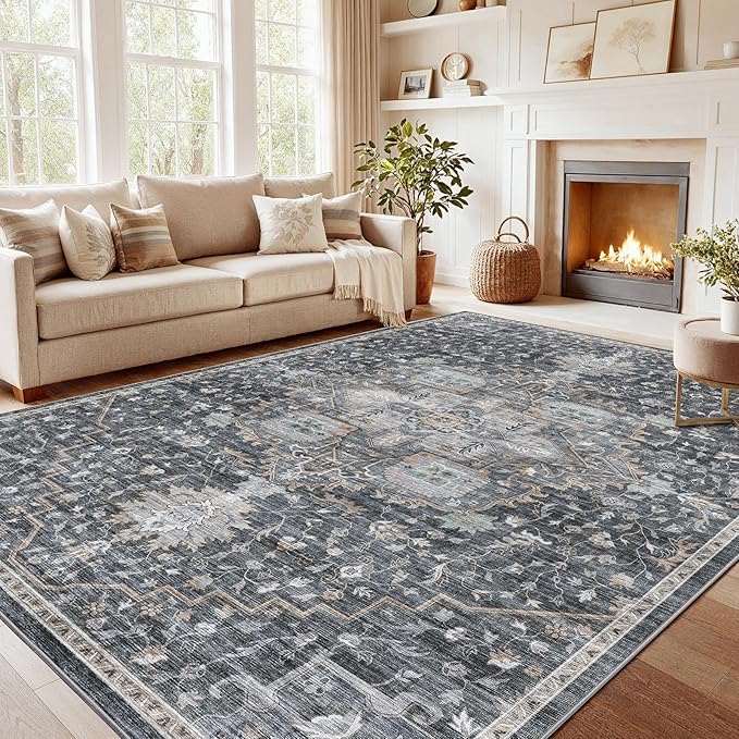 AMADA HOMEFURNISHING 10x14 Washable Area Rug, Low-Profile Large Area Rug