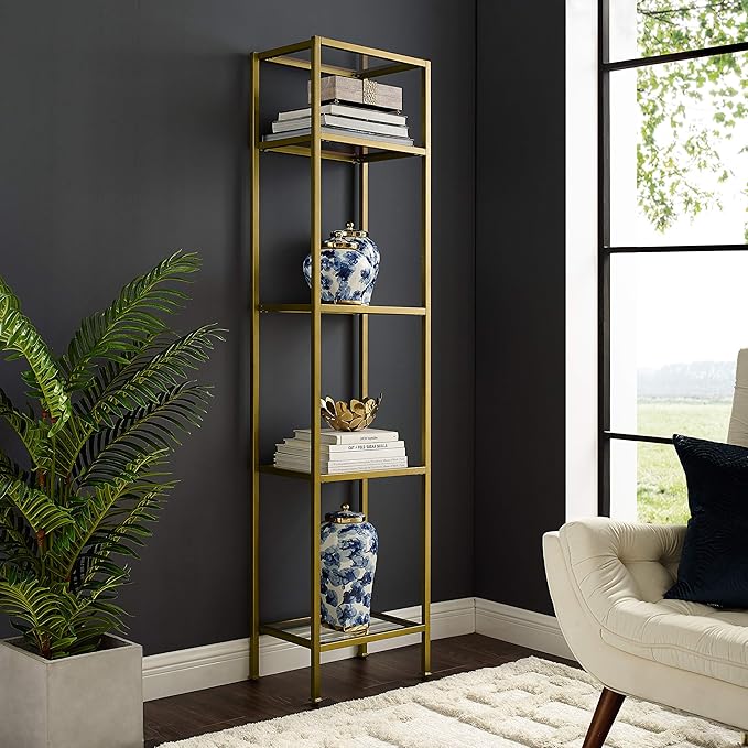 Crosley Furniture Aimee Narrow Bookshelf with Glass Shelves, Bookcase Storage...