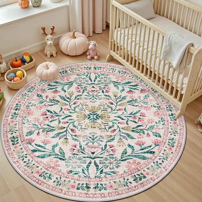Round Area Rug for Living Room: 6 ft Floral Washable Circle Rug Soft Boho