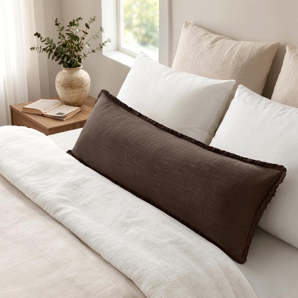 MIULEE 14x36 Long Linen Fringe Lumbar Pillow Covers Set of 1 Reddish Brown
