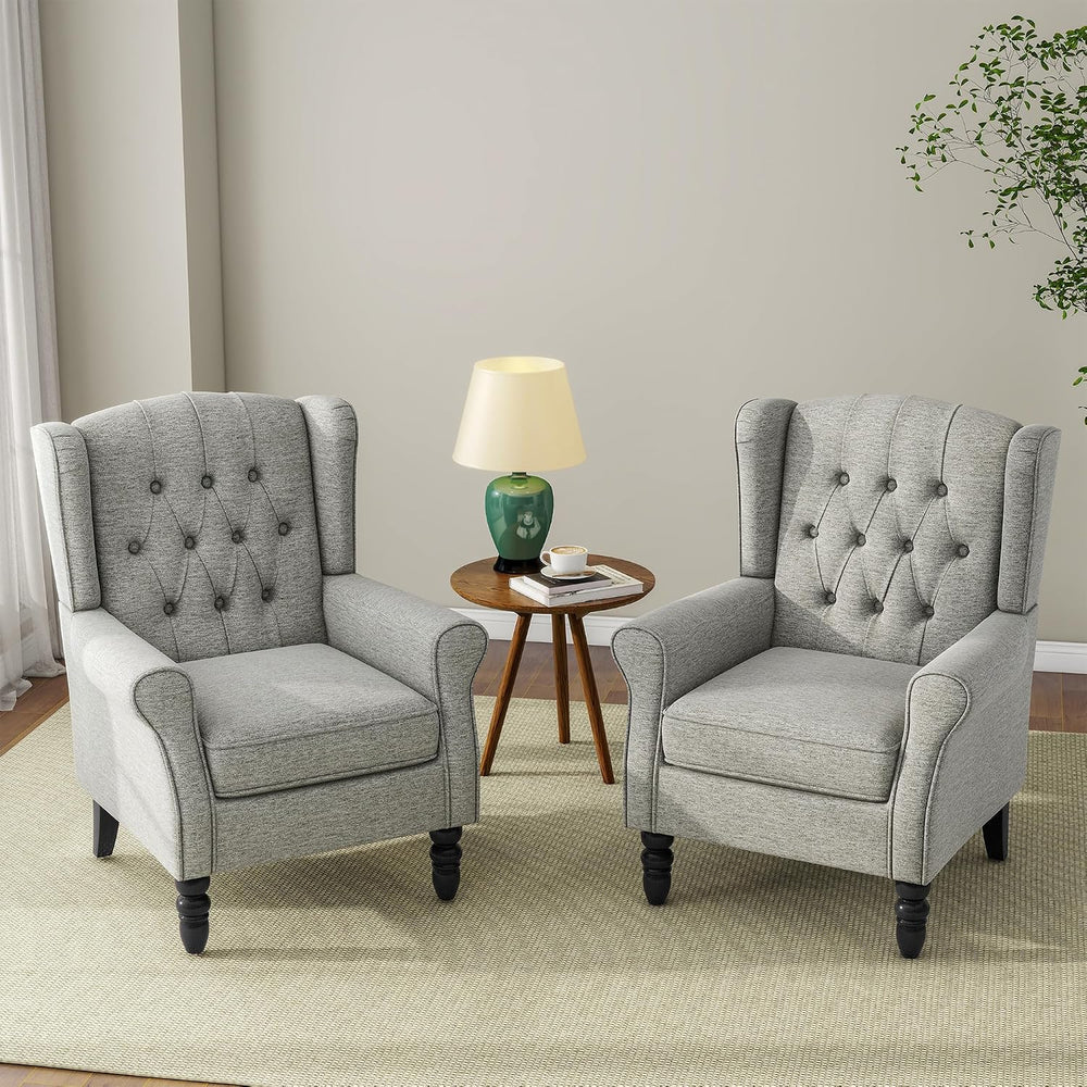 Chenille Wingback Accent Chair, Tufted High Back Armchair, Light Grey