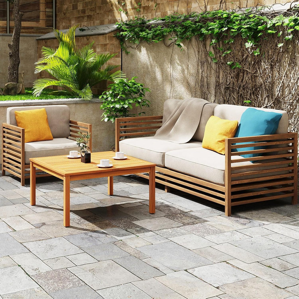Outdoor Coffee Table, Acacia Wood Side Table With Slatted Tabletop, Square Pa...