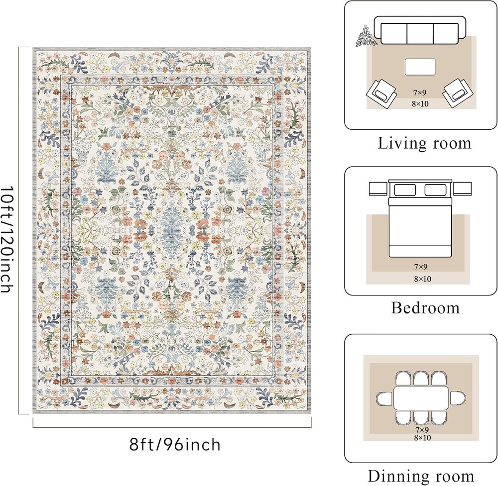 Area Rugs 8x10 Washable Non-Slip: Floral Vintage Rug for Living Room Beige