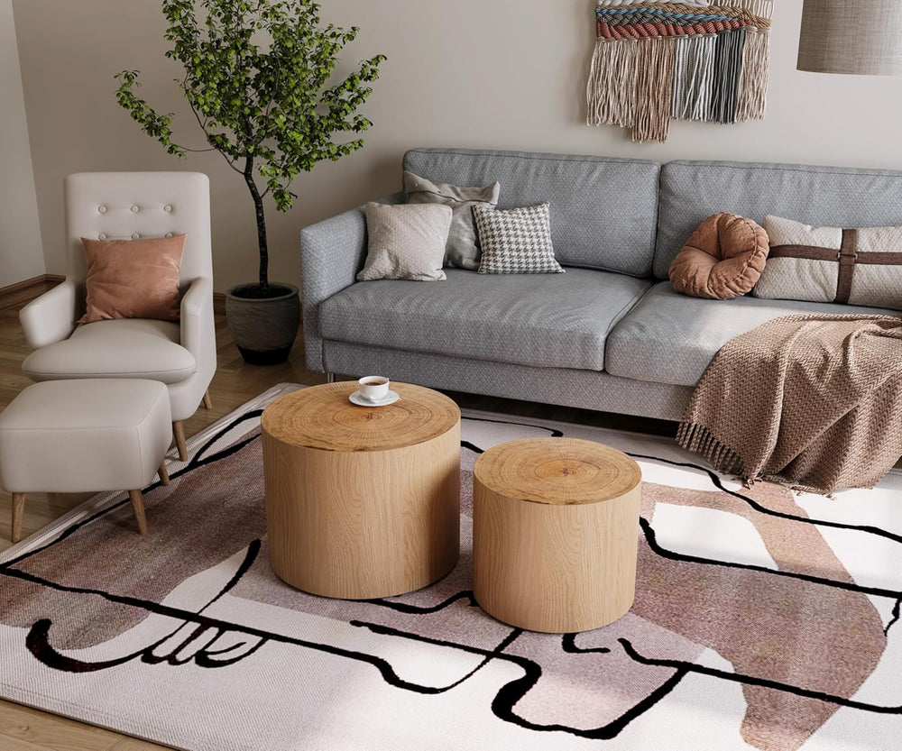 Nesting Coffee Table Set of 2, Modern Round Coffee Table, Wooden Circle Accen...