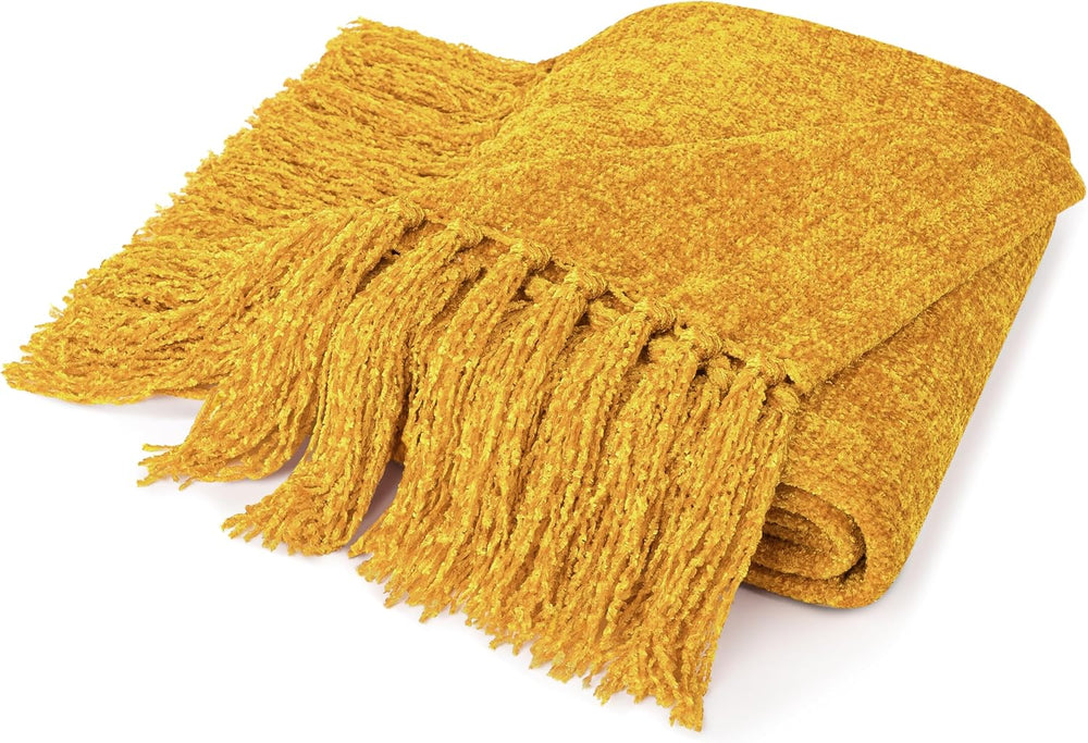 PAVILIA Chenille Throw Blanket, Knit Twin Size Tassel Throw, Yellow 60x80
