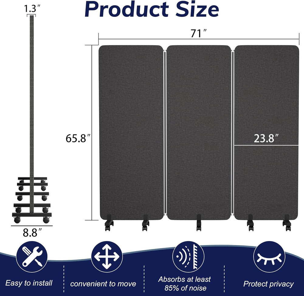 3 Panel Foldable Office Partitions, Mobile Cubicle Wall with Wheels