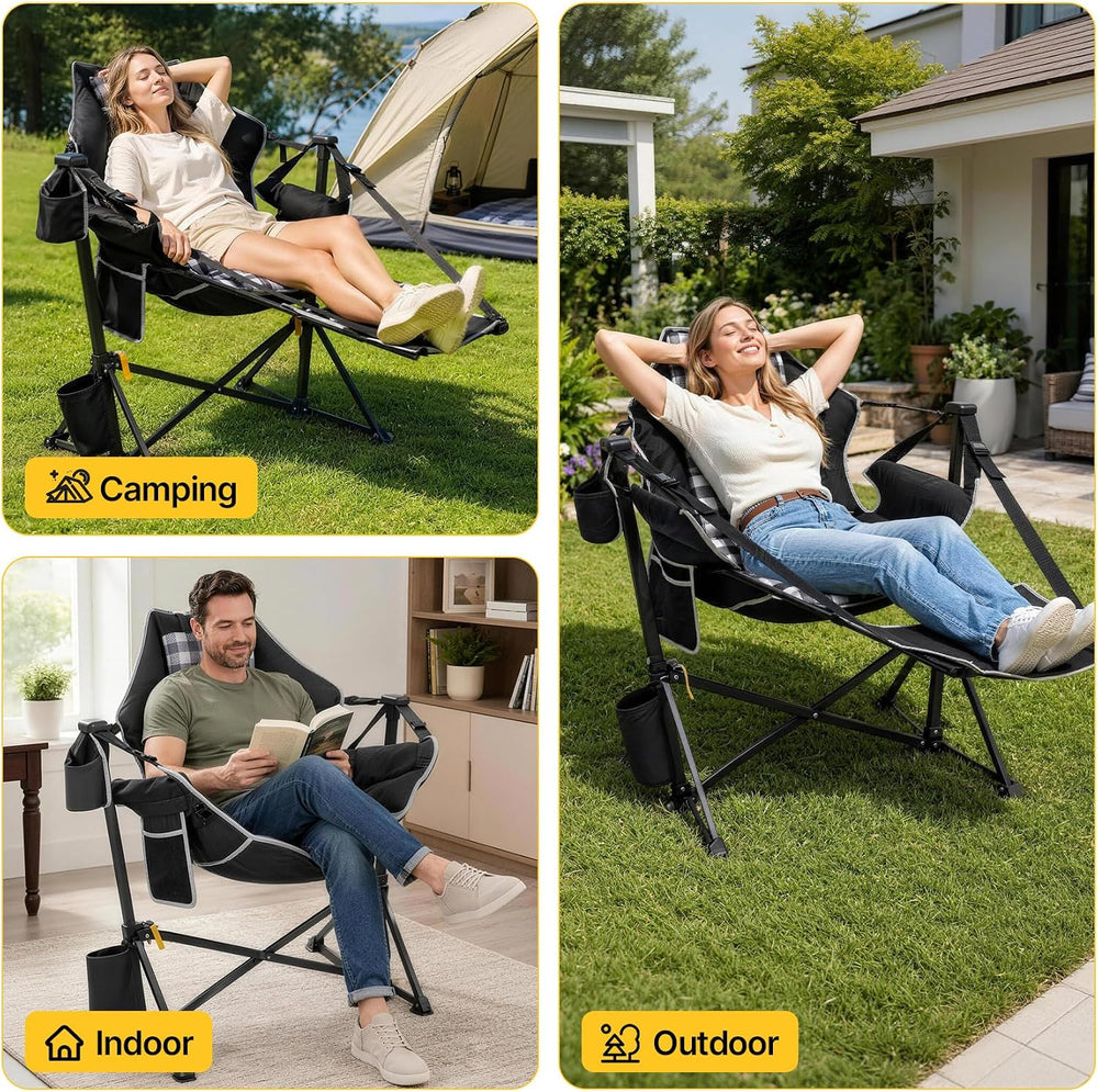Suteck Hammock Camping Chair with Footrest, Thick Padded, Black Plaid