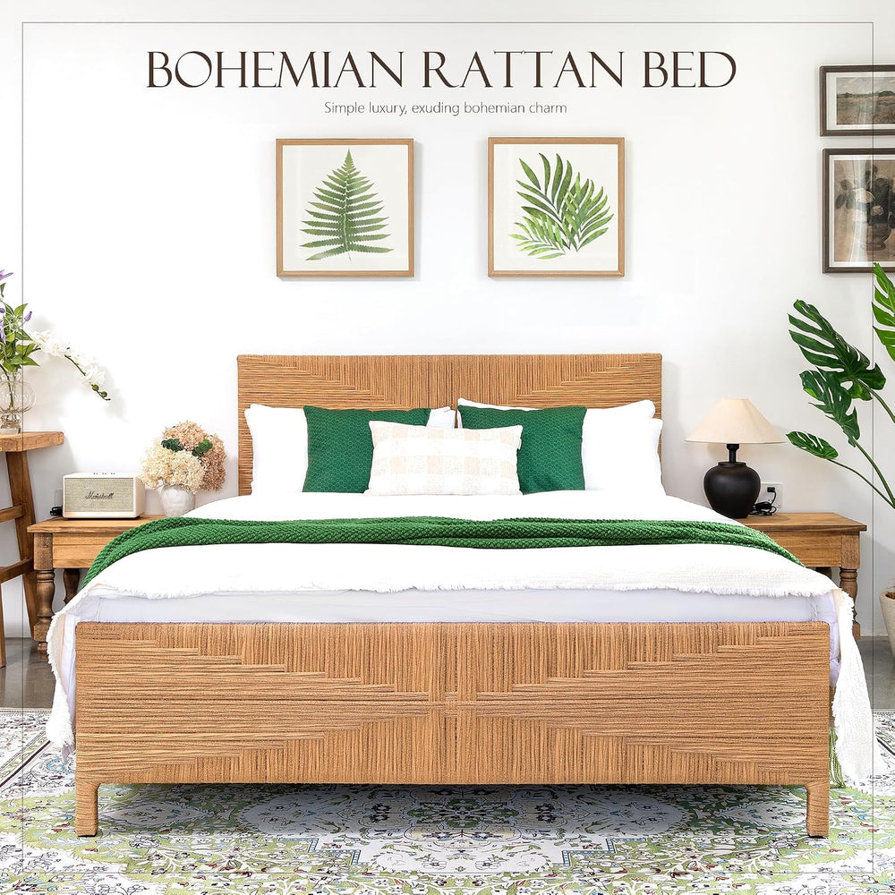 Queen Rattan Style Boho Bed Frame with Headboard and Footboard, Mid Century M...