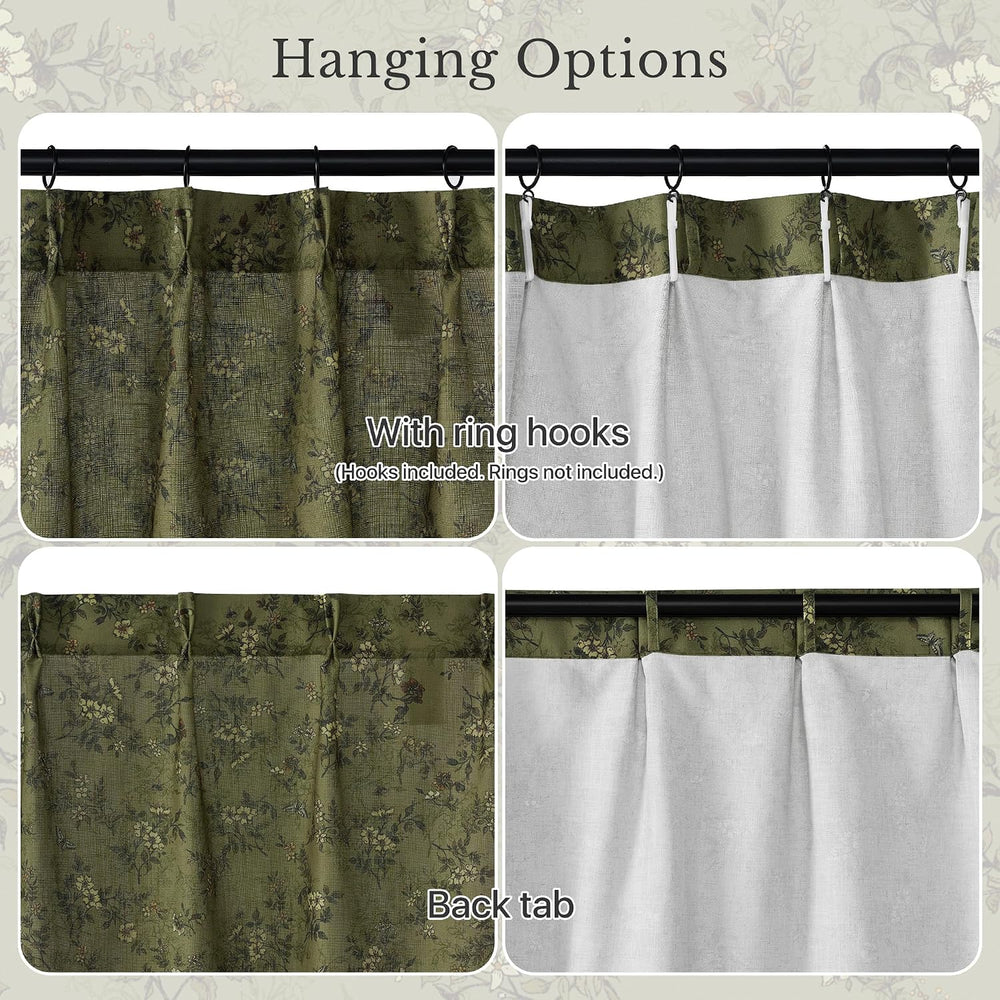 NICETOWN Pinch Pleated Floral Linen Curtains 36 inch Long, Forest Green