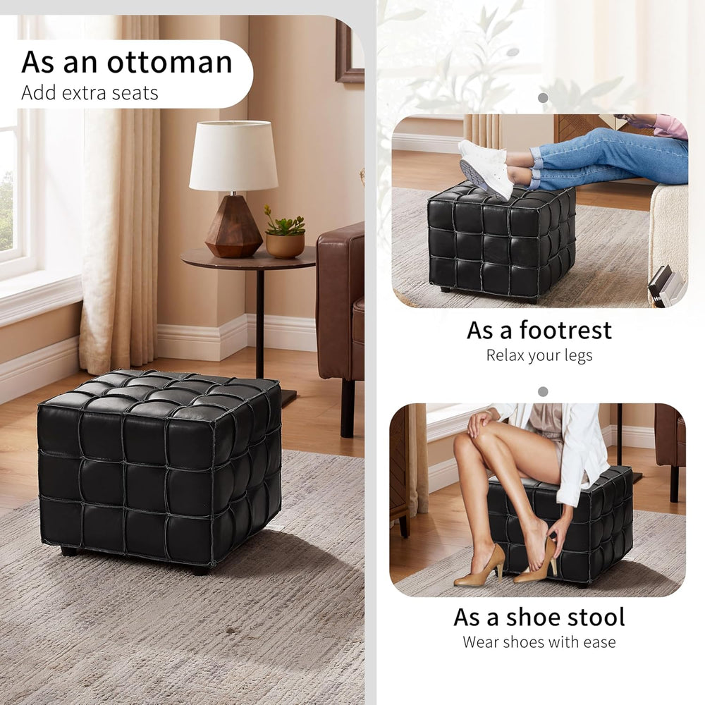 Art Leon Tufted Square Ottoman Leather Footstool Modern Foot Rest Black