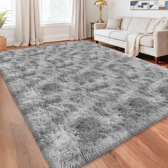 Large Area 8x10ft Carpet Tie-Dyed Grey Washable and Fluffy