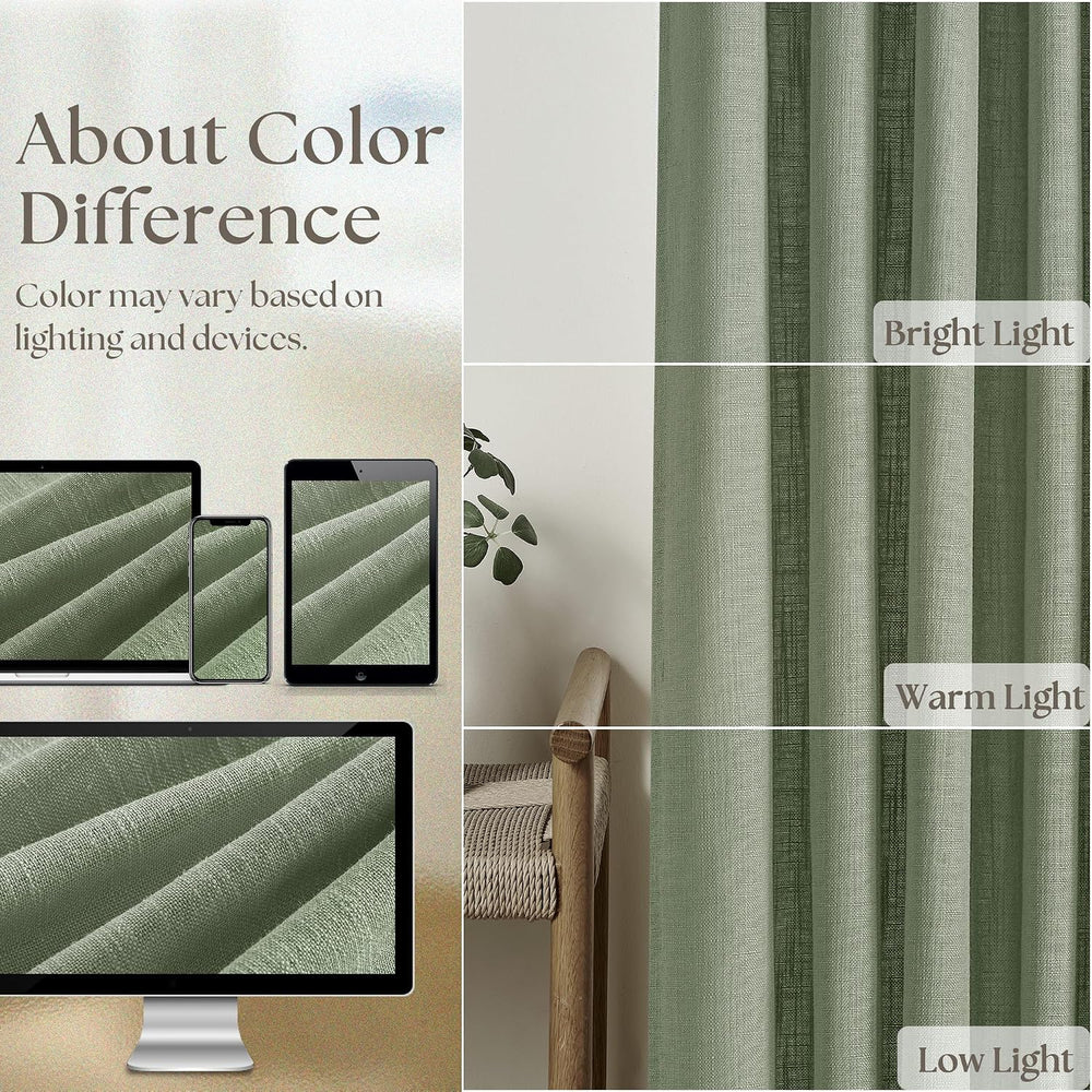Pinch Pleated Sage Green Thick Linen Curtains 96 Inch Length 2 Panels Set