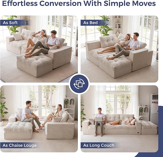 MAXYOYO 104" L Shaped Modular Sectional Sofa with Ottoman, Cloud Boneles...