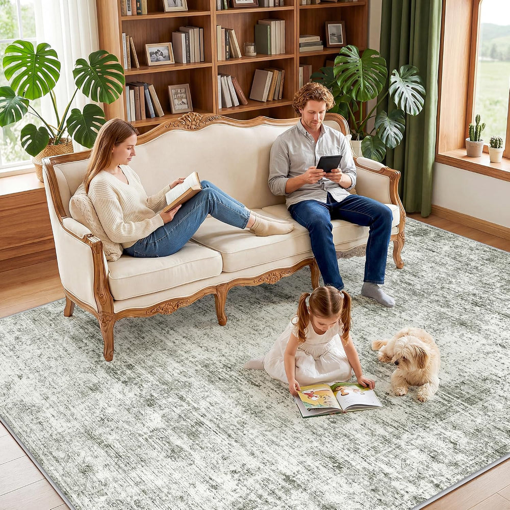 LIVELYGLOW 8x10 Washable Distressed Area Rug, Neutral Living Room Carpet