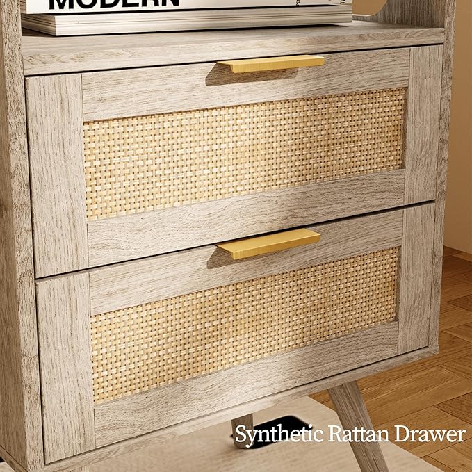 Rattan Nightstand with Charging Station,Farmhouse Bedside Table with 2 Storag...