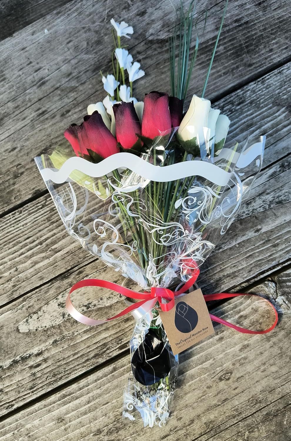 Red with Black Tips and White Wooden Rose Bouquet (2 Dozen)