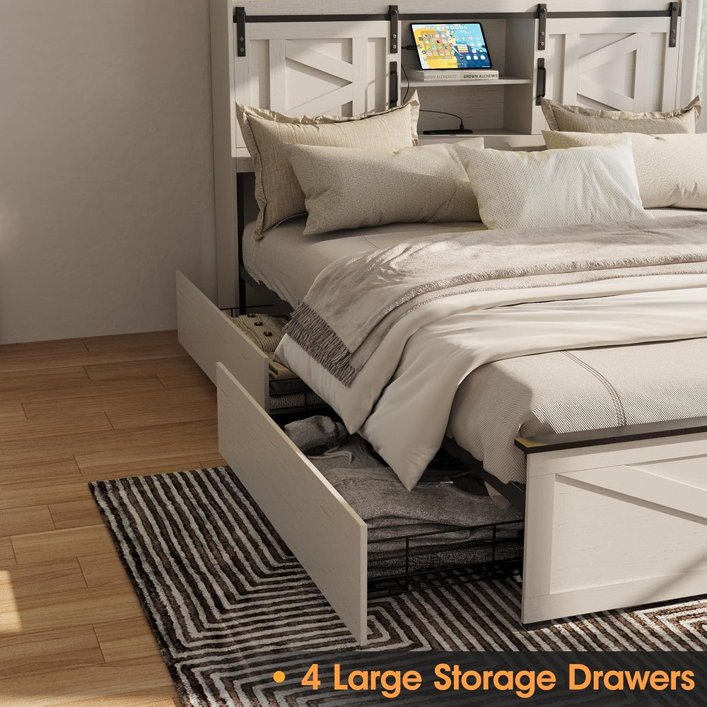 Fameill Farmhouse Full Size Bed Frame with 4 Drawers and Bookcase Headboard, ...