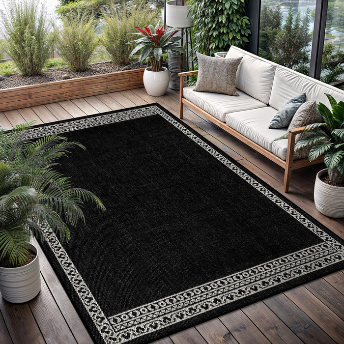 Washable Outdoor Rug 9x12 Modern Area Rugs Outdoor Carpets Bordered Pattern Non Shedding Waterproof Easy Clean Patio Deck Porch Living Room Bedroom Garden RV (9 X 12 Black)