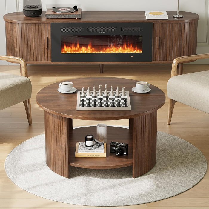 Round Coffee Table with Storage, 31.5" Modern Fluted Center Table, 2-Tier Mid Century Coffee Table, Wood Circle Table for Living Room, Home Office, Small Space, Walnut