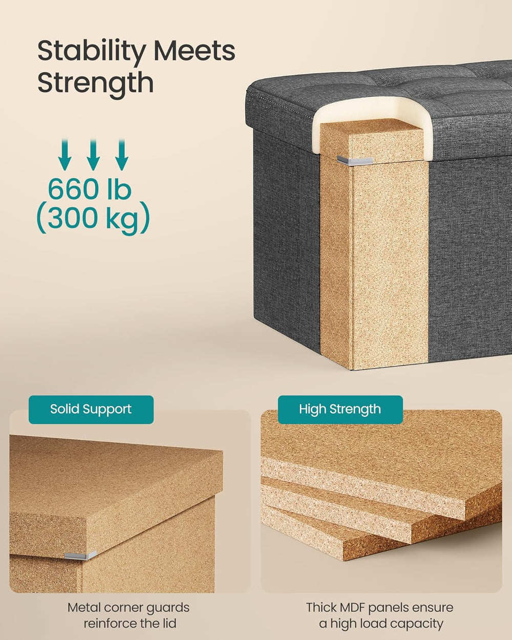 SONGMICS 30 Inches Folding Storage Ottoman Bench, Load 660 lb