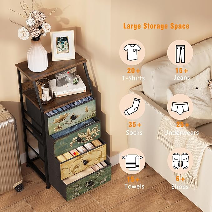 Tohomeor Dresser with Fabric Drawers Nightstand with 2 Tier Shelf Storage Tow...