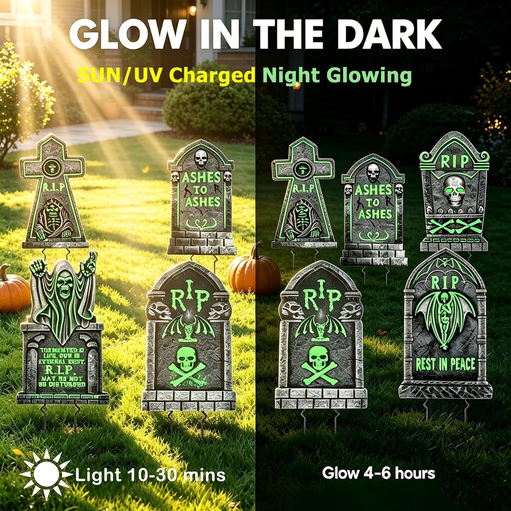 6pcs Solar Glow in the Dark Grave Halloween Decor Tombstone Yard Sign Stake